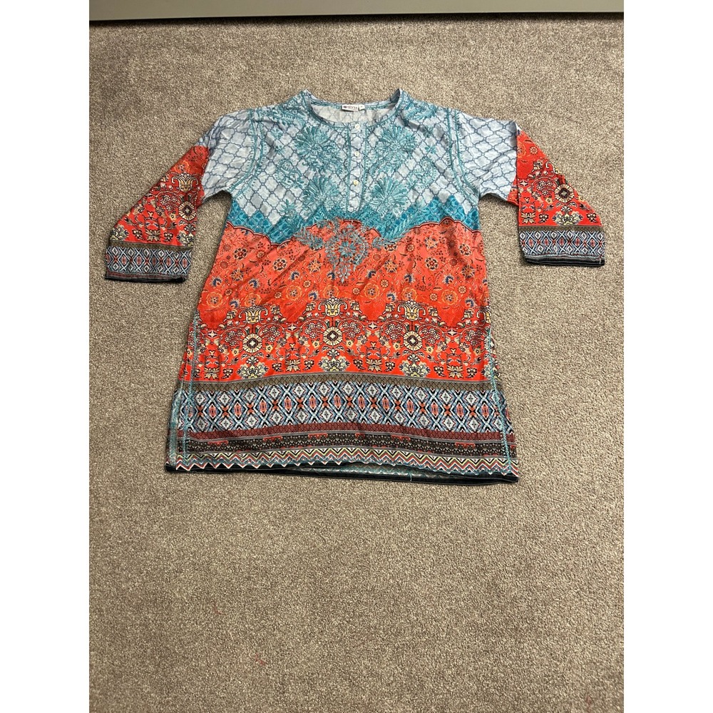 South Asian Kameez Sevya Handmade Tunic Top Womens XL Orange Blue Excellent Boho